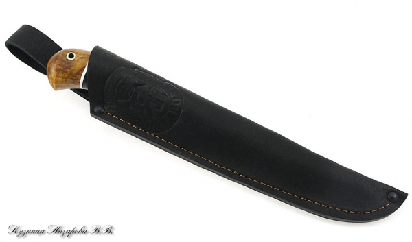 Нож Рыбак дамаск черный граб стабилизированная карельская береза (янтарная)