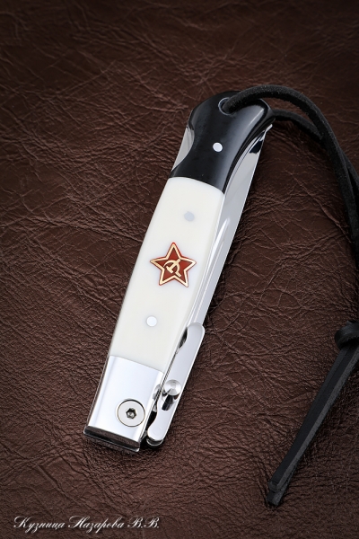 Нож Финка НКВД складная сталь Elmax со штифтом акрил белый+черный с красной звездой