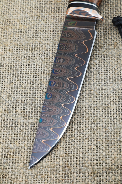 Damascus laminated Leopard knife with bluing, iron wood, mokume-gane