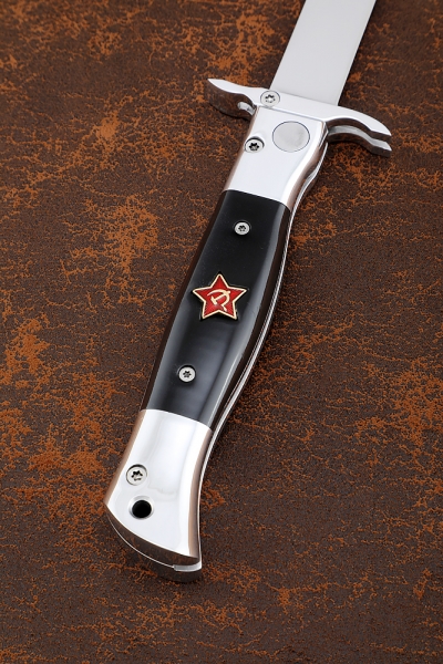 Нож Финка НКВД выкидная сталь Elmax накладки акрил черный с красной звездой