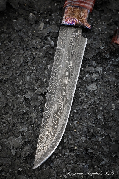 Нож Сапер дамаск торцевой мокуме-гане карельская береза коричневая кость мамонта
