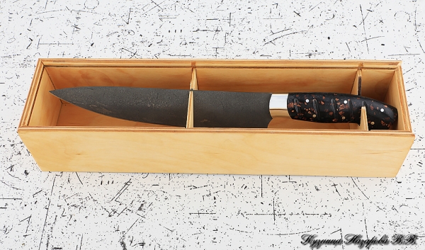 Кухонный нож Шеф № 14 сталь Х12МФ рукоять акрил коричневый в футляре
