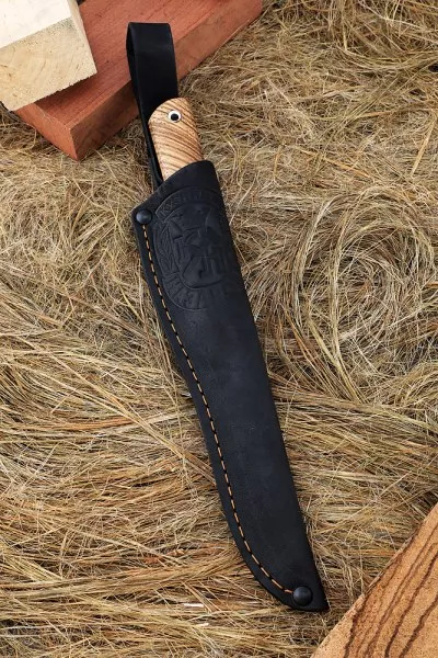 Нож Учар Elmax рукоять G10 черная, акрил синий, зебрано