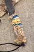 Нож Сапер дамаск торцевой кость мамонта кап клена на подставке