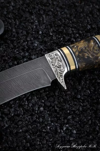 Нож Варан дамаск палисандр искусственный камень мельхиор