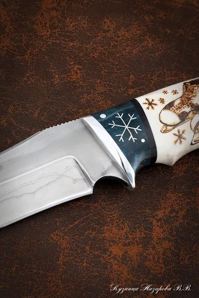 Нож из коньков карельская береза синяя рог лося с рисунком