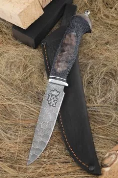 Нож Барс дамаск полный камень рукоять карельская береза с выжиганием