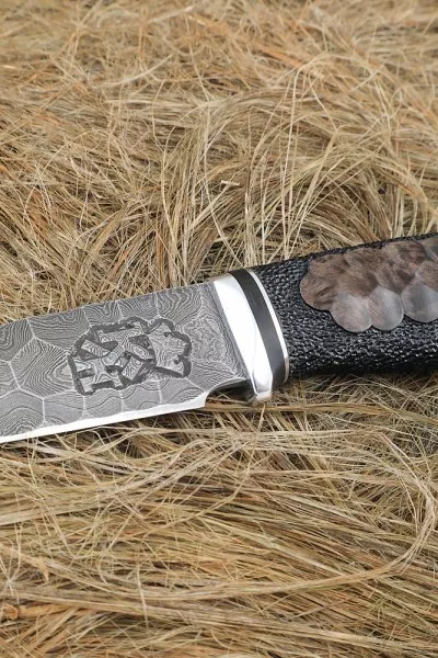 Нож Барс дамаск полный камень рукоять карельская береза с выжиганием 