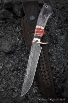 Нож Сапер дамаск торцевой мокуме-гане карельская береза фиолетовая кость мамонта красная