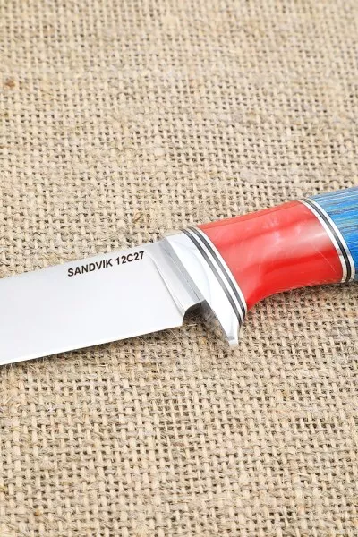 Нож Игла Sandvik рукоять ясень стабилизированный синий акрил красный
