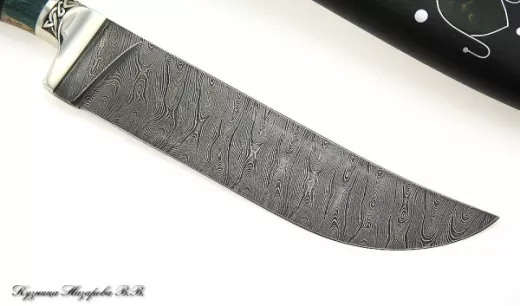 Нож Узбекский дамаск мельхиор черный граб карельская береза (зеленая) авт.