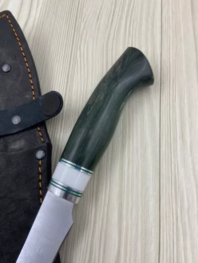 Кухонный нож Шеф № 7 дамаск никелированный рукоять стабилизированная карельская береза зеленая