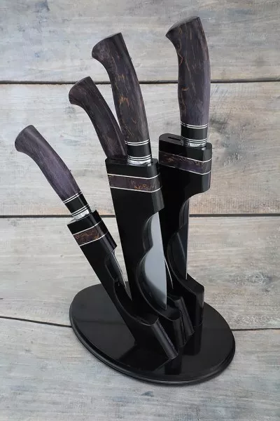 Кухонный набор из 4 ножей сталь КН-01 с никелем рукоять черный граб и стабилизированная карельская береза фиолетовая подставка акрил черный и карельская береза фиолетовая