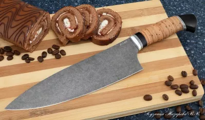 Кухонный нож Шеф № 13 сталь К340 рукоять береста черный граб