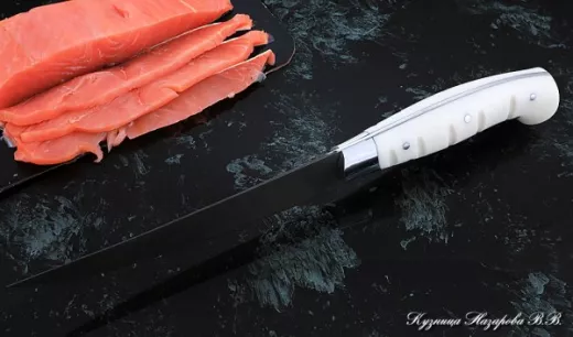 Кухонный нож Шеф № 5 сталь Х12МФ рукоять акрил белый