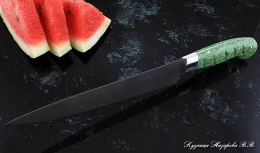 Кухонный нож Шеф № 14 сталь Х12МФ рукоять акрил зеленый