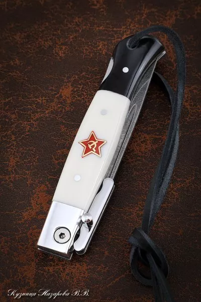 Нож Финка НКВД складная дамаск со штифтом акрил белый+черный с красной звездой