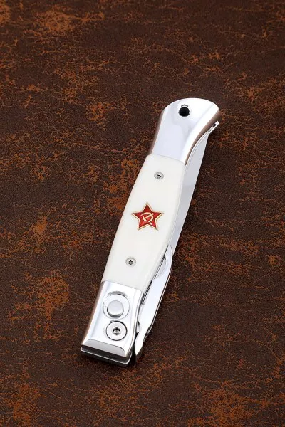 Нож Финка НКВД выкидная сталь S390 накладки акрил белый с красной звездой