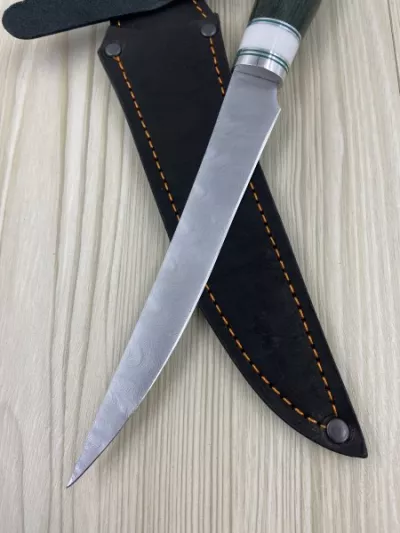 Кухонный нож Шеф № 7 дамаск никелированный рукоять стабилизированная карельская береза зеленая
