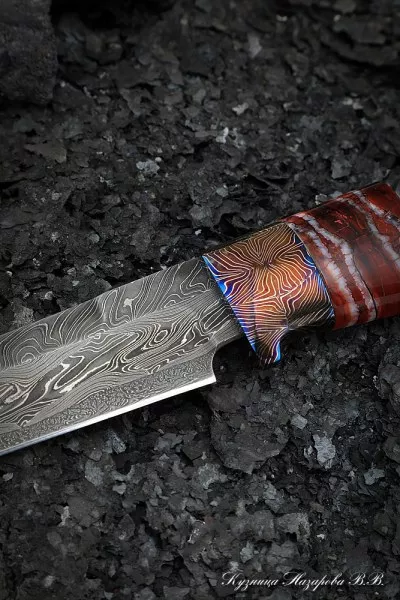 Нож Сапер дамаск торцевой мокуме-гане карельская береза коричневая кость мамонта