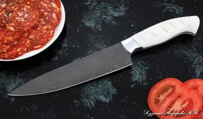 Кухонный нож Шеф № 9 сталь Х12МФ рукоять акрил белый