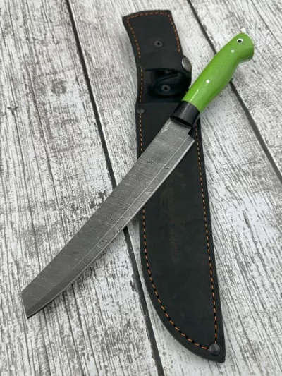Кухонный Шеф нож №14 дамаск цельнометаллический G10 зеленая и черная (распродажа)