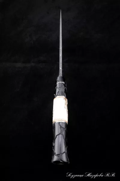 Нож Овод 2 дамаск торцевой рукоять черный граб резной + рог лося с гравировкой