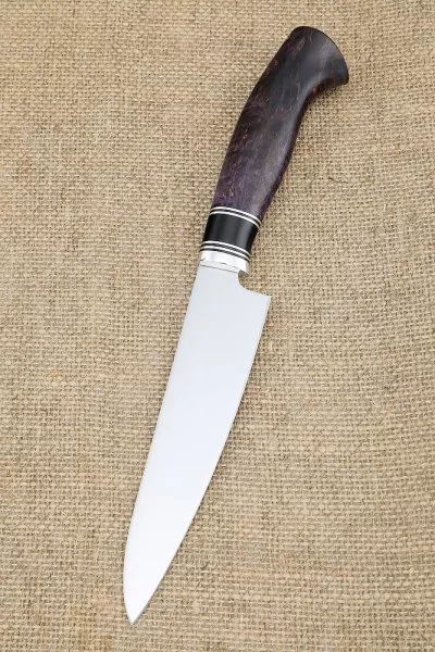 Кухонный набор из 4 ножей сталь КН-01 с никелем рукоять карельская береза фиолетовая акрил черный подставка акрил черный и карельская береза фиолетовая