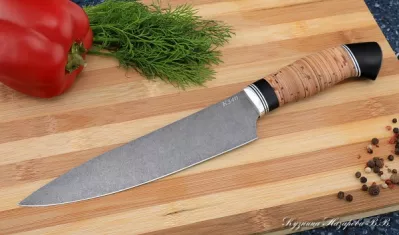 Кухонный нож Шеф № 9 сталь К340 рукоять береста черный граб