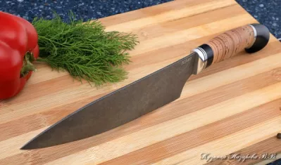Кухонный нож Шеф № 12 сталь К340 рукоять береста черный граб