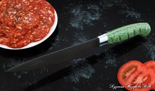 Кухонный нож Шеф № 9 сталь Х12МФ рукоять акрил зеленый