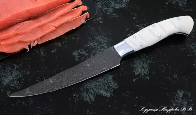 Кухонный нож Шеф № 5 сталь Х12МФ рукоять акрил белый