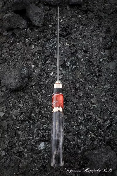 Нож Сапер дамаск торцевой мокуме-гане карельская береза фиолетовая кость мамонта красная