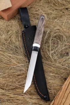 Нож Сойка Elmax рукоять G10 черная, рог лося, карельская береза коричневая