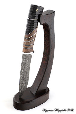 Varan Damascus end knife carved black hornbeam stabilized Karelian birch (brown)