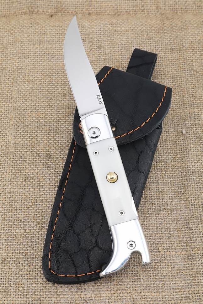 Нож Сапожок выкидной сталь Elmax накладки акрил белый