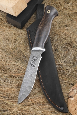 Нож Ангара дамаск полный камень, рукоять стабилизированная карельская береза коричневая 