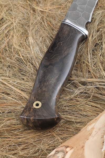 Angara knife Damascus full stone, handle stabilized Karelian birch brown