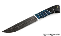 Knife Gadfly 2 Damascus end carved black hornbeam stabilized Karelian birch (blue)