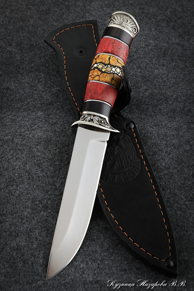 Нож Пехотинец Elmax мельхиор стабилизированная карельская береза резная черный граб(Coutellia)