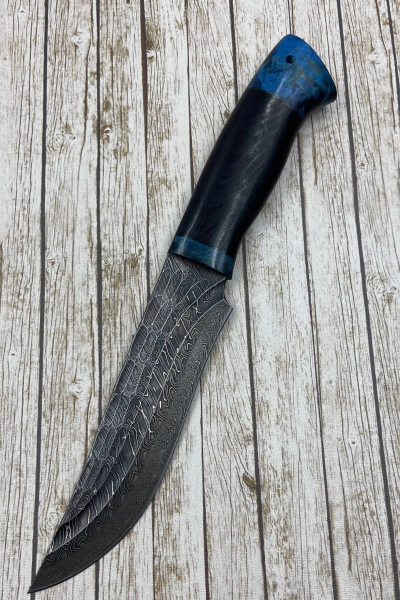 Нож "Спецназ" сталь торцевой дамаск в камень, рукоять черный граб и карельская береза синяя (распродажа)
