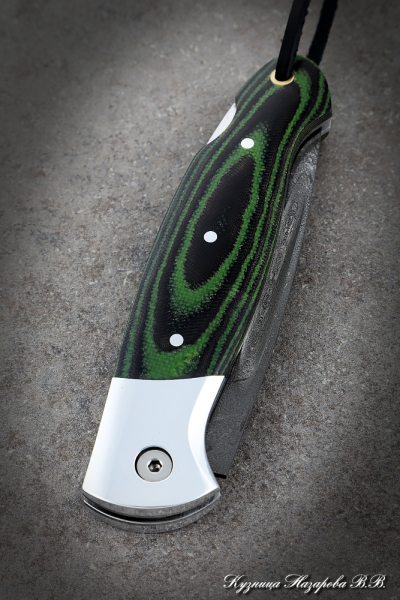 Folding knife Owl Wootz steel lining mikarta green with duralumin