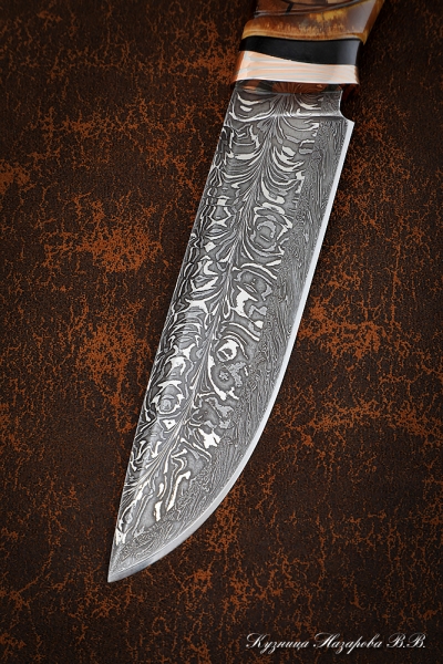 Boar Damascus knife end handle mokume-gane and scabbard black hornbeam carved mammoth bone