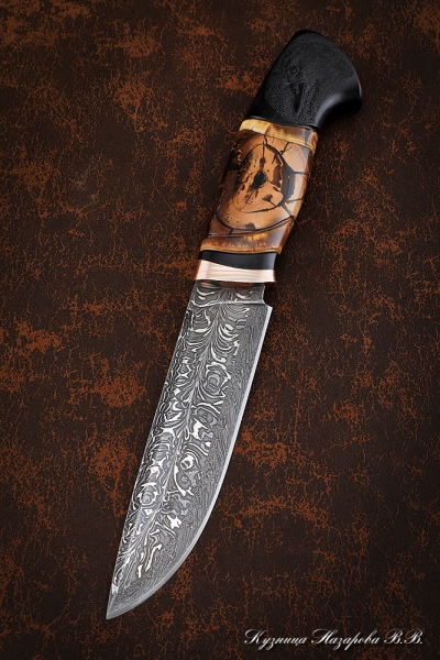 Boar Damascus knife end handle mokume-gane and scabbard black hornbeam carved mammoth bone