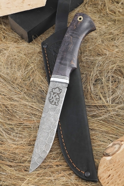 Knife Traveler Damascus full stone, handle stabilized Karelian birch purple