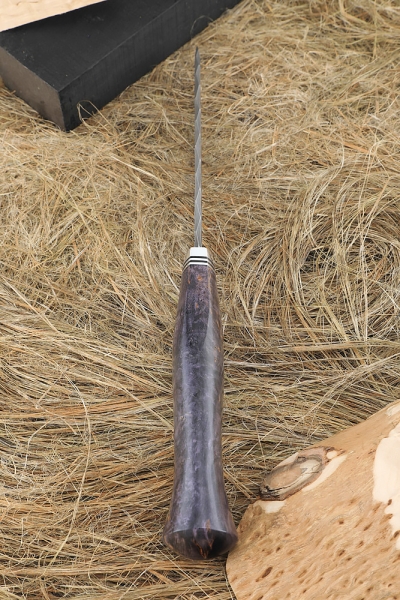 Knife Traveler Damascus full stone, handle stabilized Karelian birch purple