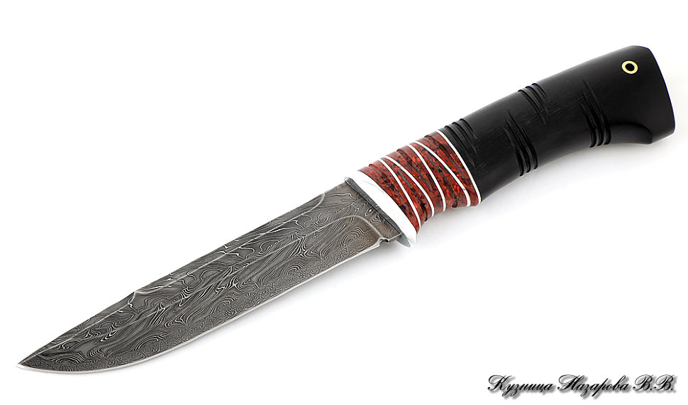Нож Вепрь дамаск торцевой резная черный граб акрил красный