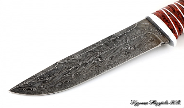 Knife Boar Damascus end carved Black hornbeam Acrylic Red