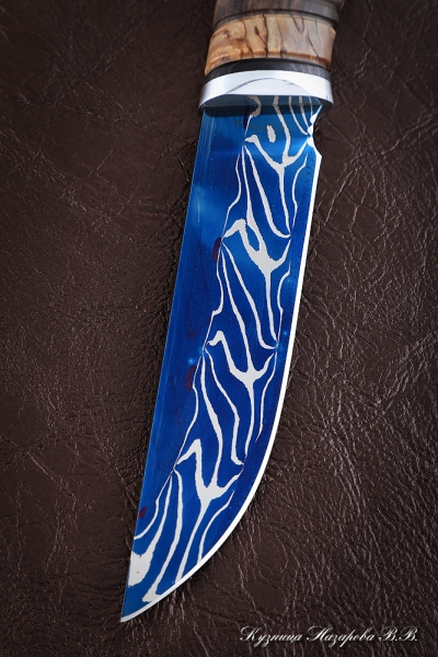 Нож Штык дамаск торцевой с воронением карельская береза (Sicac)