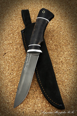 Knife Boar wootz steel black hornbeam stabilized Karelian birch (brown)(inscription)
